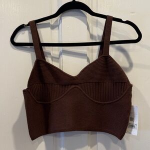 Brown Ribbed Knit Cropped Tank Top